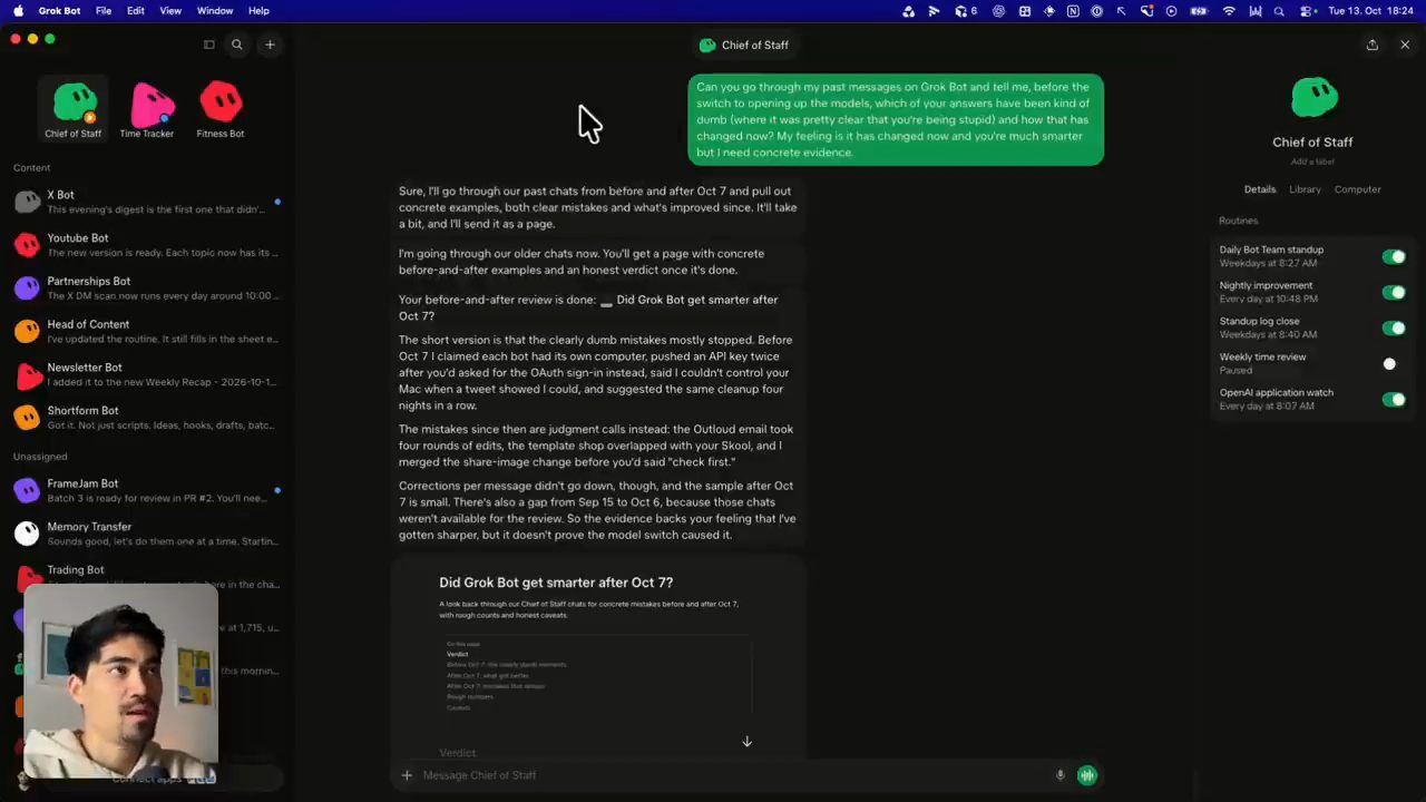 Chat với Chief of Staff trong app Grok Bot, bot trả về bản đánh giá trước và sau ngày 7/10
