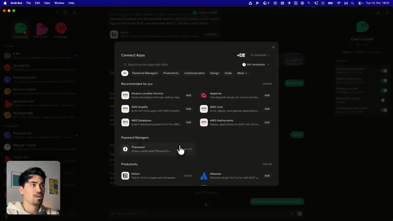 Cửa sổ Connect Apps trong Grok Bot với các nhóm Recommended, Password Managers, Productivity