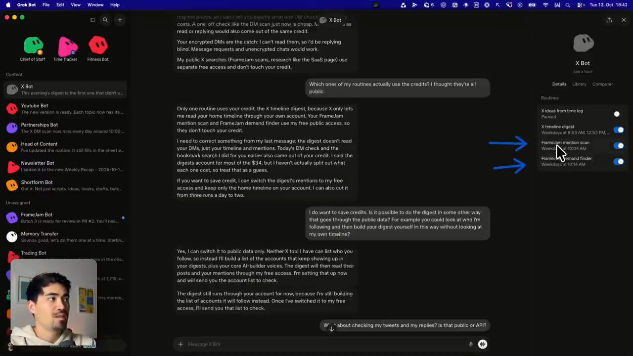 Chat với X Bot về việc routine nào tốn credits, cột Routines bên phải có mũi tên chỉ vào hai routine FrameJam