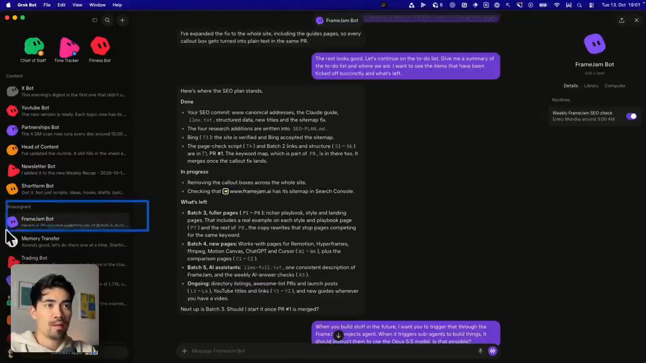 Chat với FrameJam Bot, bot tóm tắt kế hoạch SEO theo Done, In progress, What's left