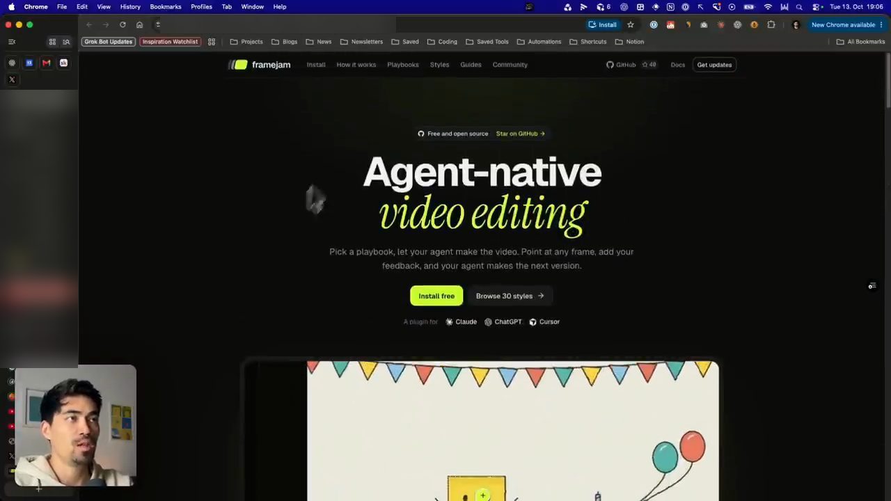 Trang chủ FrameJam Agent-native video editing mở trên một URL preview của Vercel