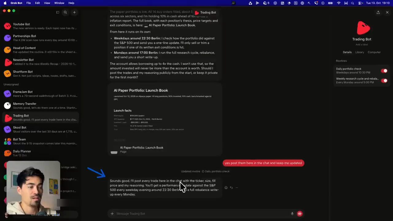Chat với Trading Bot, bot báo danh mục paper đã chạy và sẽ đăng mọi giao dịch trong chat