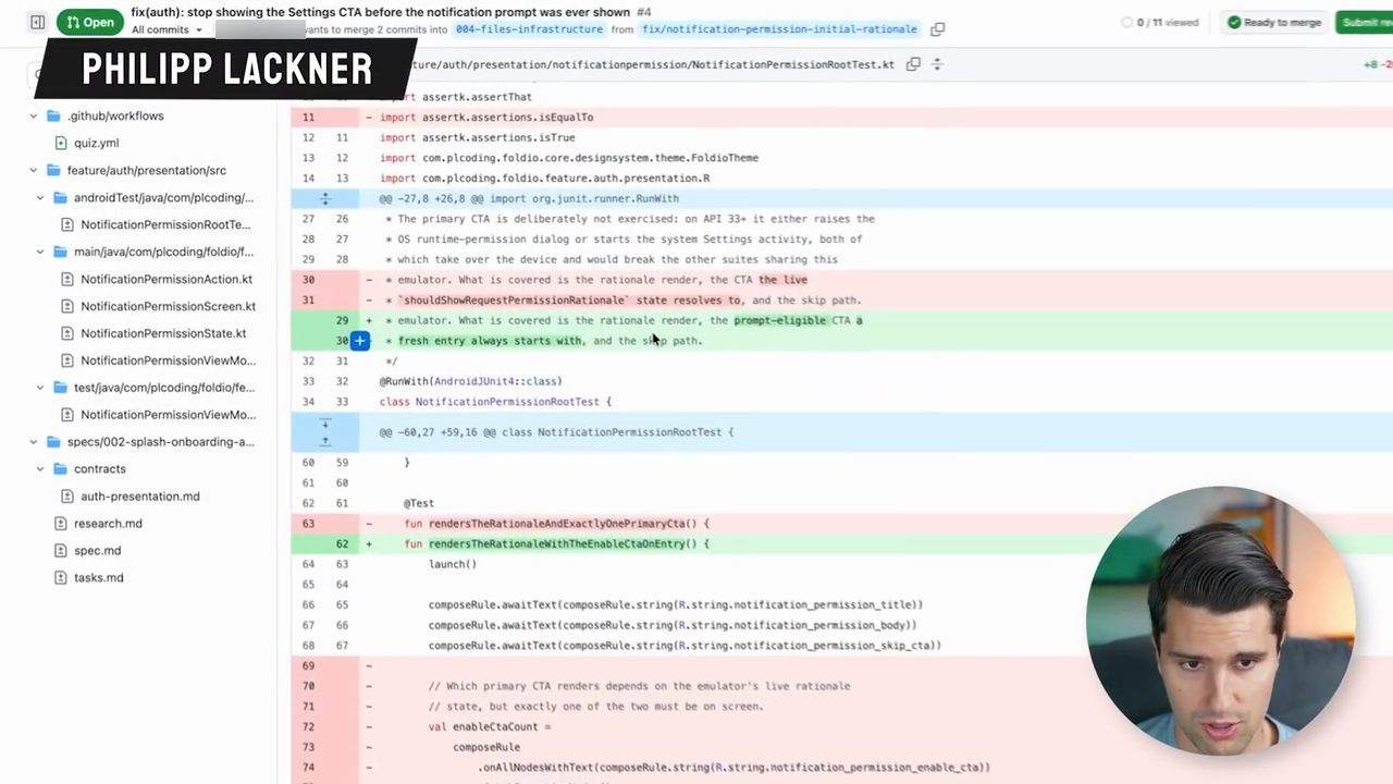 Philipp Lackner mở một pull request trên GitHub, bên trái là cây file gồm code Kotlin, test và các file spec