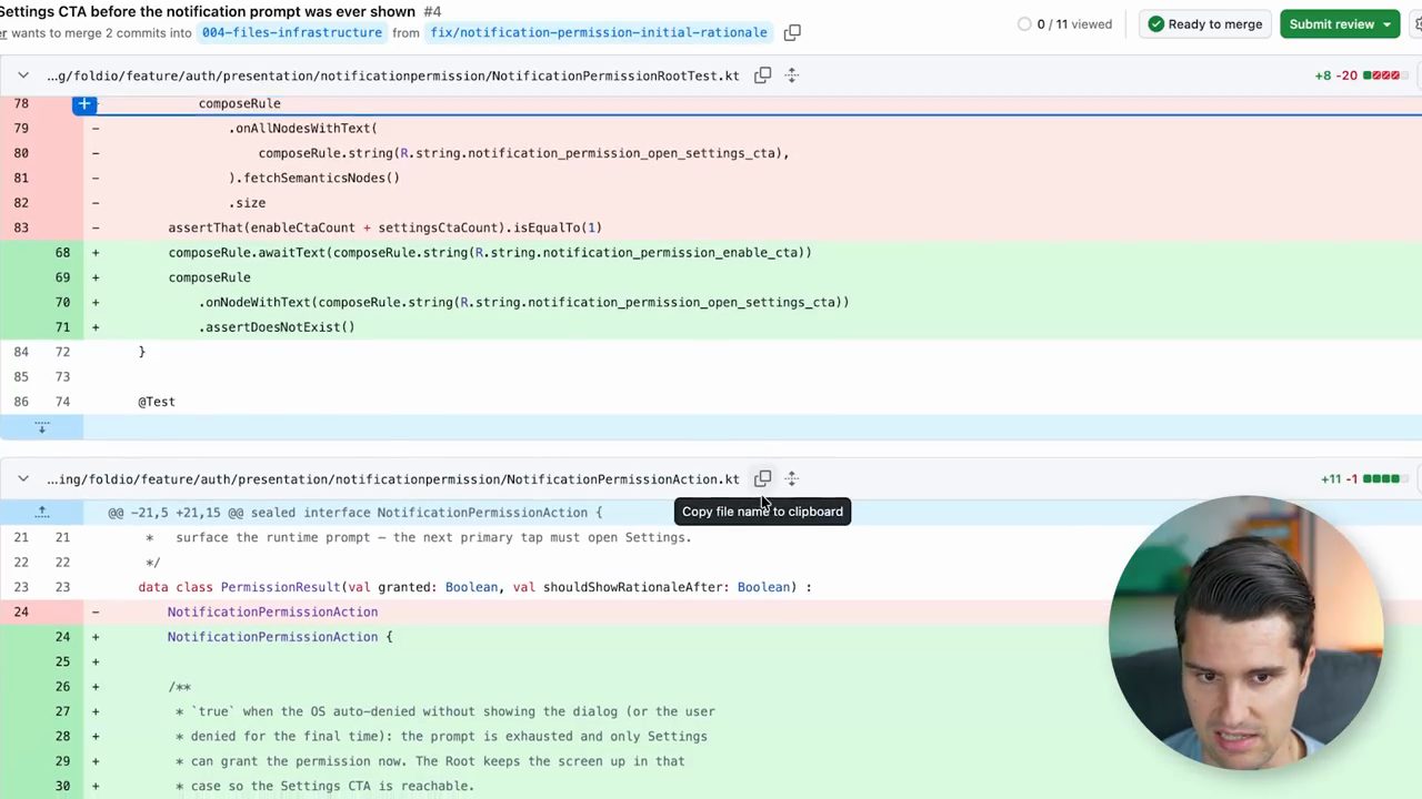Diff của file test NotificationPermissionRootTest.kt và file NotificationPermissionAction.kt với một doc comment mới