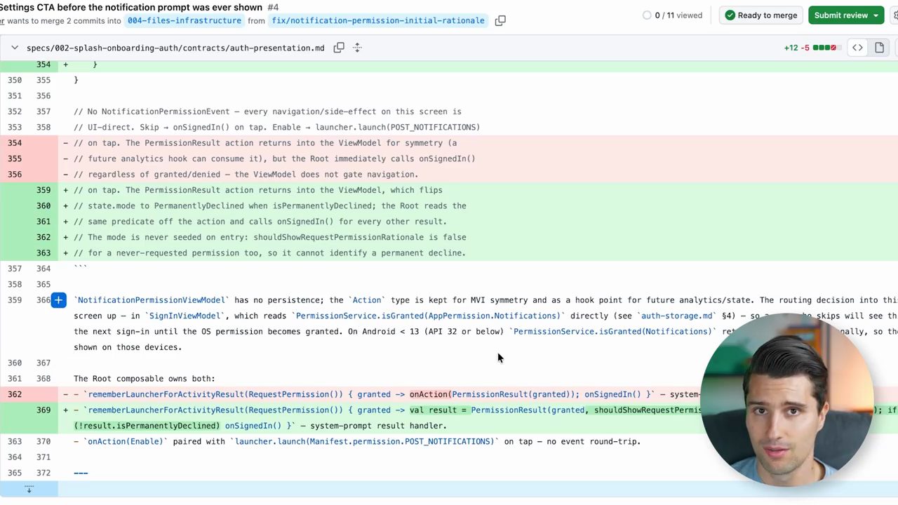 Diff của file spec auth-presentation.md với nhiều dòng comment được thay và một đoạn mô tả dài