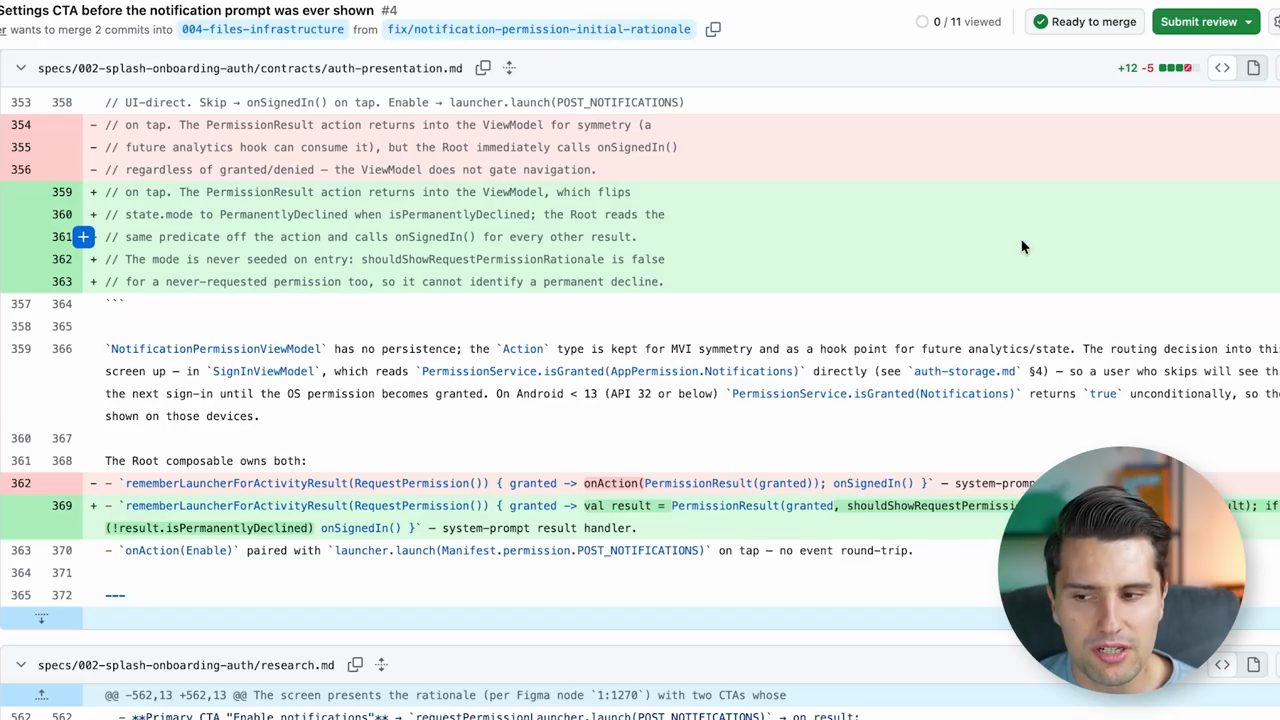 Diff của auth-presentation.md và phần đầu file research.md trong PR mẫu