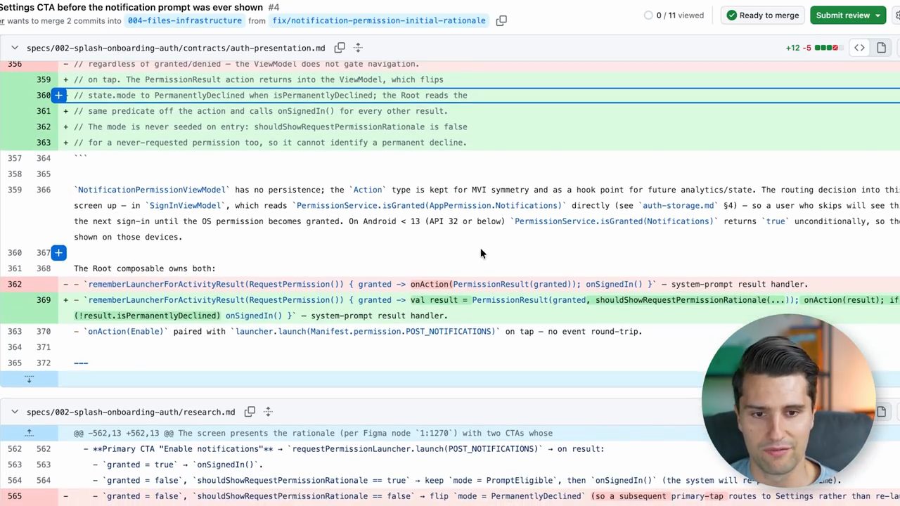 Diff của auth-presentation.md và research.md về các trường hợp granted, shouldShowRequestPermissionRationale và PermanentlyDeclined