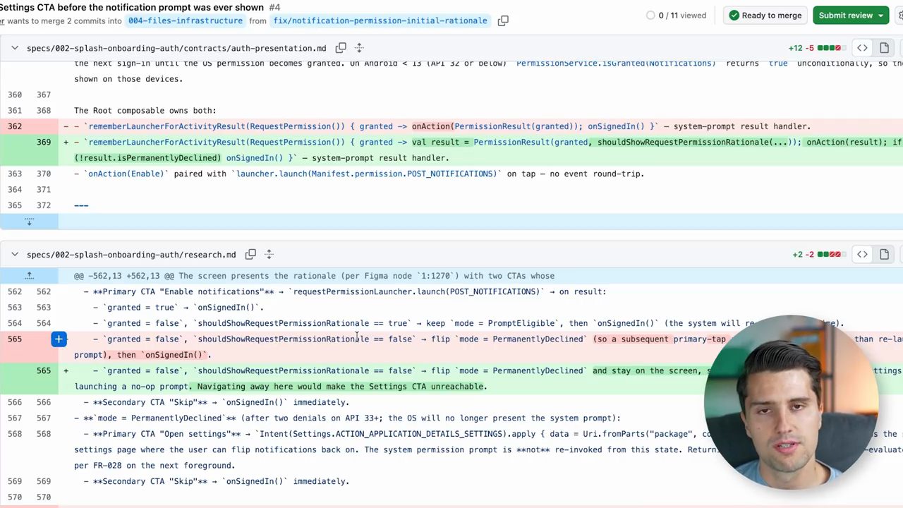 Diff của auth-presentation.md và research.md, phần Primary CTA Enable notifications và Open settings