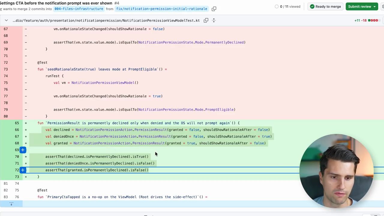 Diff của NotificationPermissionViewModelTest.kt: hai test cũ bị xoá, một test mới về PermissionResult được thêm