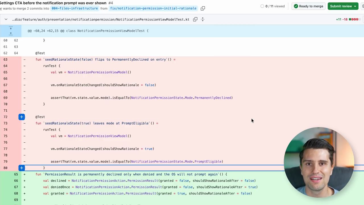 Diff của NotificationPermissionViewModelTest.kt với hai test seedRationaleState bị xoá