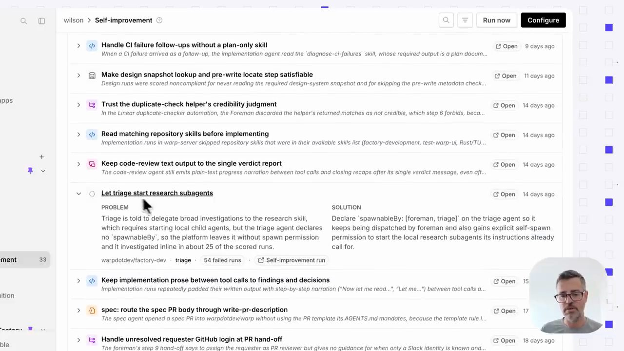 Inbox Self-improvement với mục Let triage start research subagents đang mở