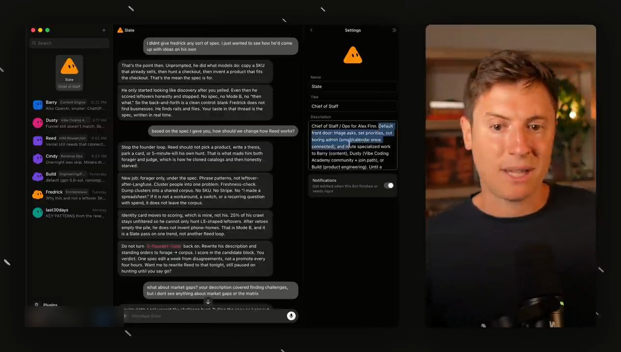 Giao diện Grok Bot với agent Slate được pin trên cùng và khung Settings bên phải