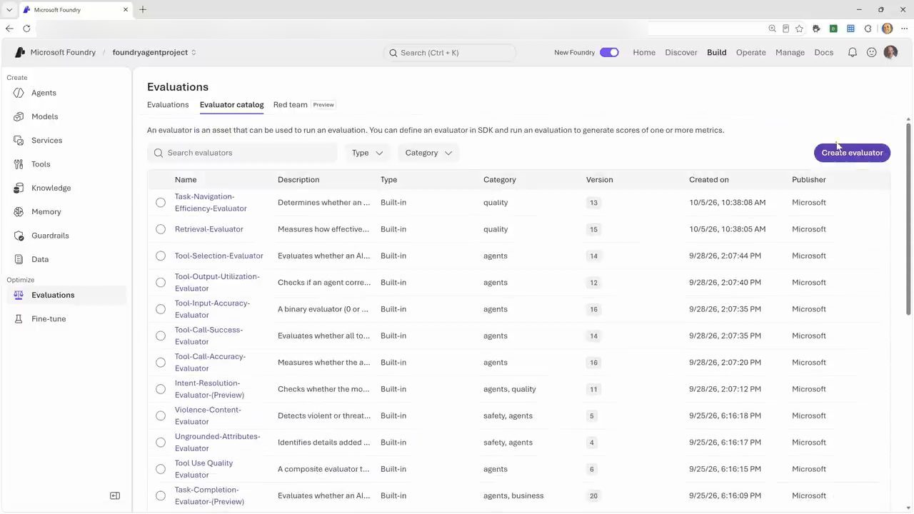 Microsoft Foundry, trang Evaluations, tab Evaluator catalog với danh sách evaluator built-in và nút Create evaluator