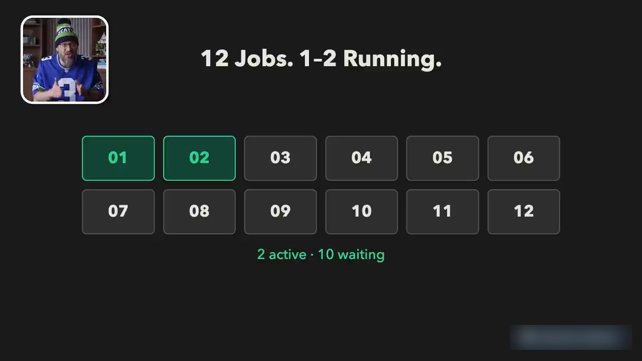 Slide 12 Jobs. 1-2 Running. với 12 ô, hai ô đầu sáng xanh