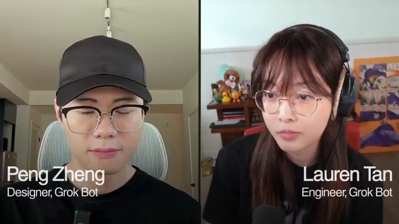 Hai khách mời Peng Zheng, Designer Grok Bot, và Lauren Tan, Engineer Grok Bot