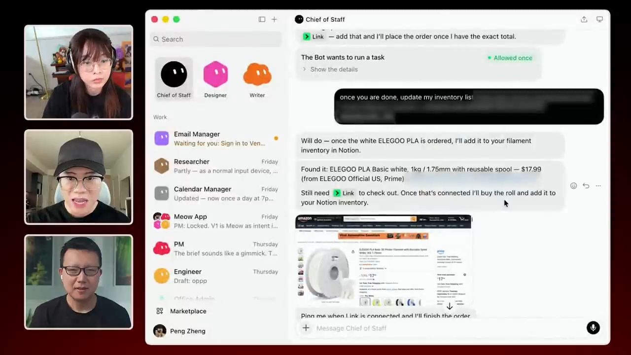 Chat với Chief of Staff: tìm cuộn filament ELEGOO PLA trắng trên Amazon và hứa cập nhật kho trong Notion