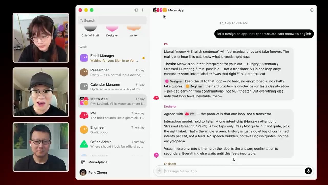 Group chat Meow App: PM và Designer phản hồi ý tưởng app dịch tiếng mèo