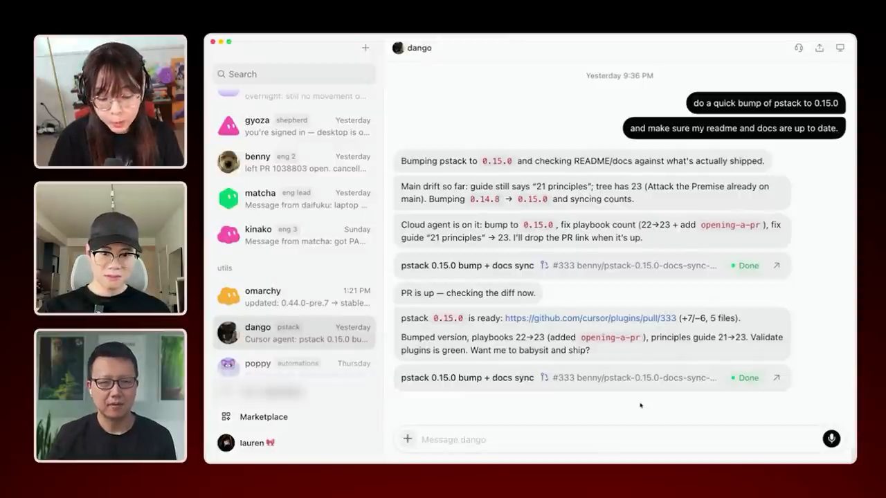 Chat với bot dango: bump pstack lên 0.15.0 và đồng bộ docs qua một cloud agent, PR 333
