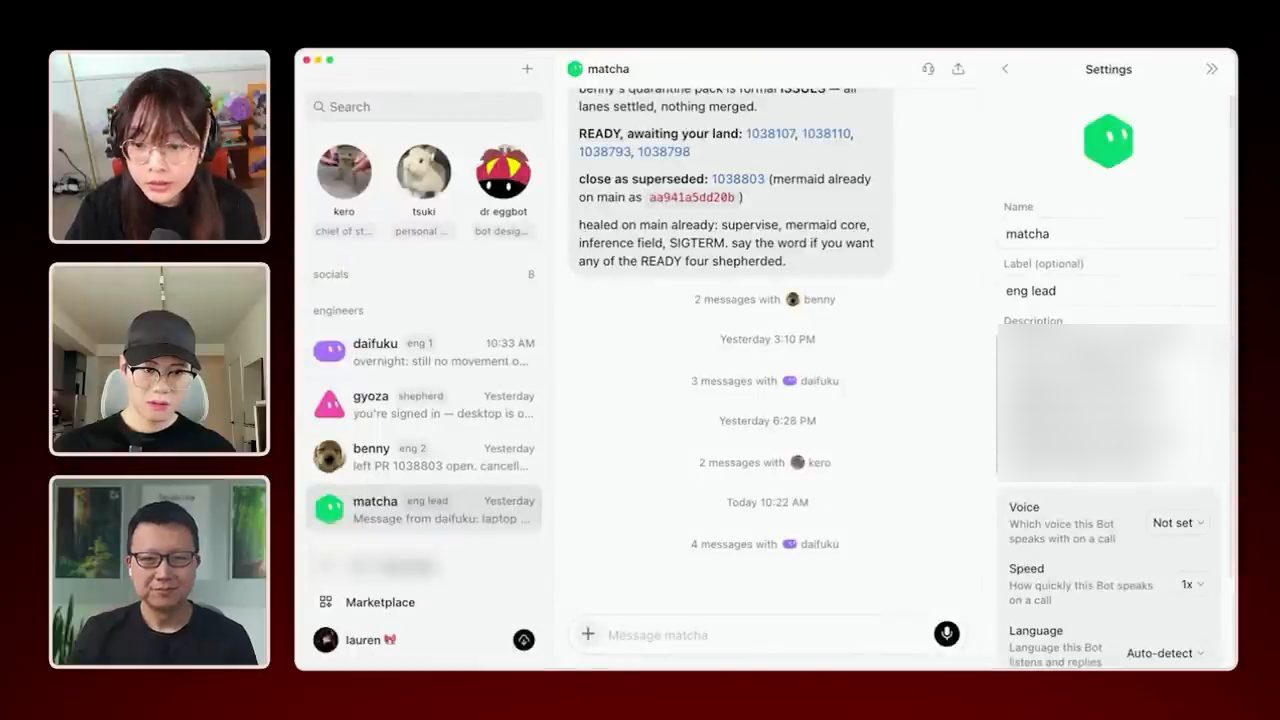 Bot matcha, nhãn eng lead, với bảng Settings: phần Description dặn chia việc và giao cho các bot kỹ sư theo ID