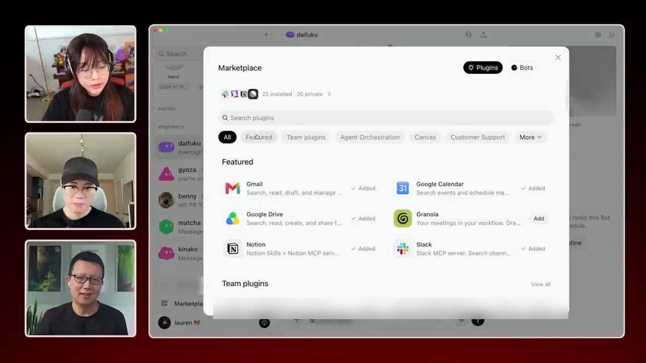 Cửa sổ Marketplace của Grok Bot, tab Plugins với các plugin nổi bật Gmail, Google Calendar, Google Drive, Granola, Notion, Slack