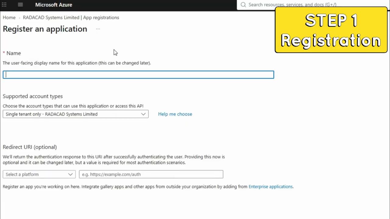 Màn hình Register an application trong Microsoft Azure: Name, Supported account types, Redirect URI