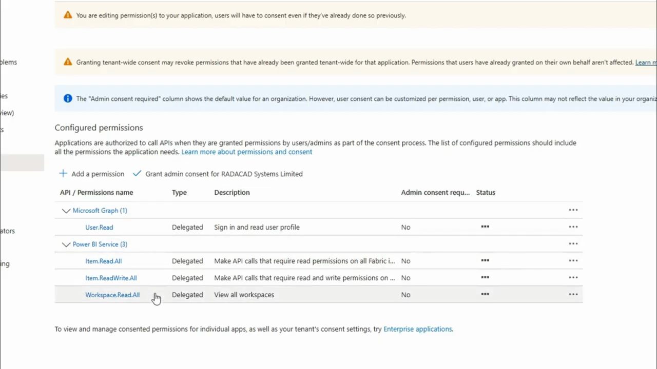 Configured permissions: User.Read của Microsoft Graph và ba quyền Power BI Service