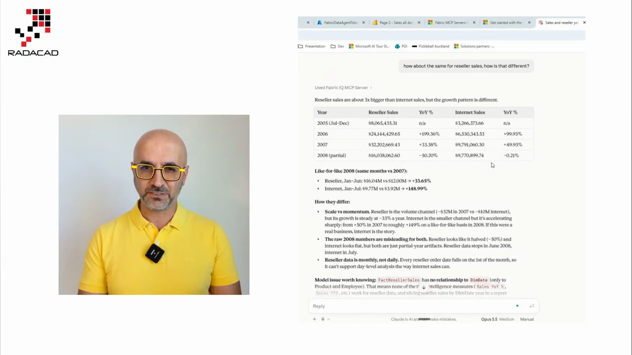Bảng so sánh Reseller Sales và Internet Sales theo năm kèm YoY %