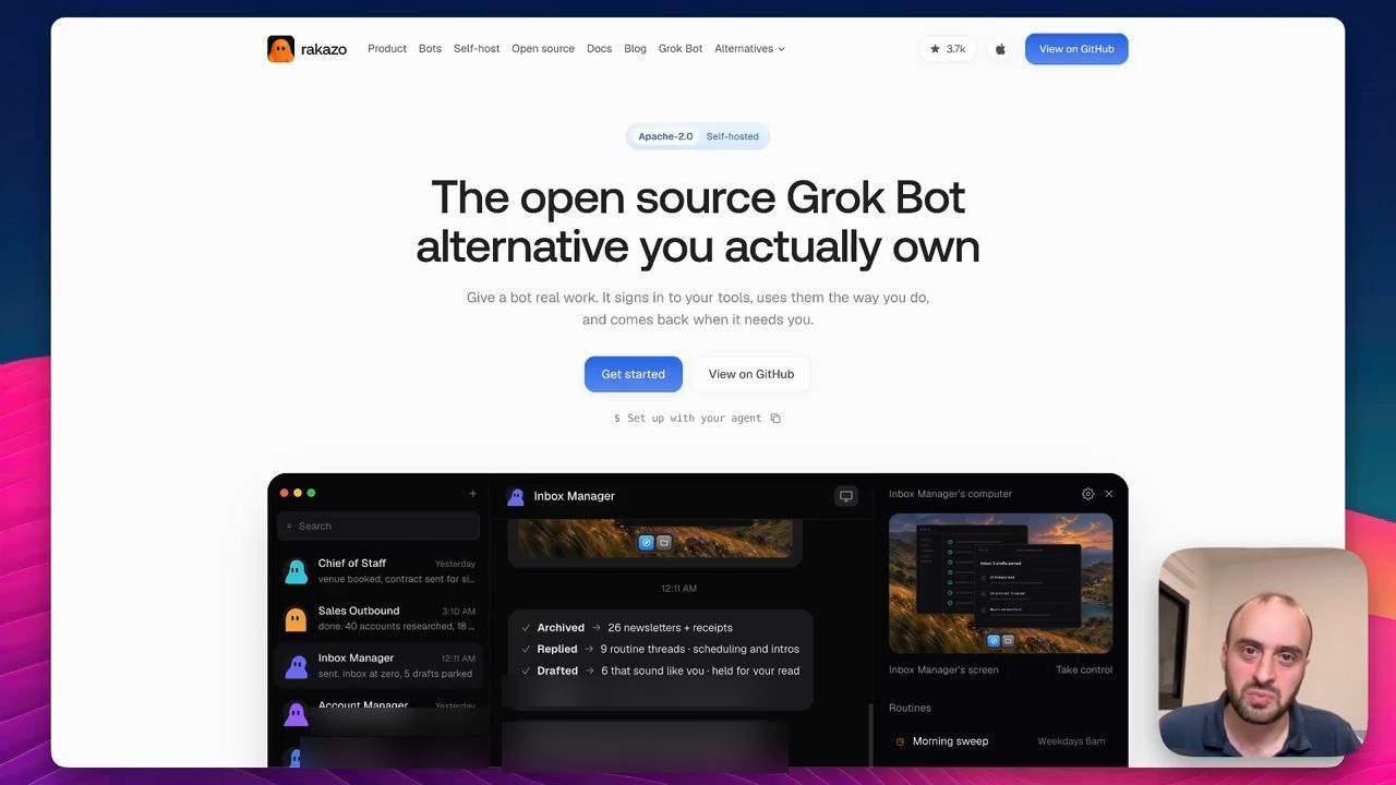 Trang chủ rakazo.com với dòng chữ The open source Grok Bot alternative you actually own