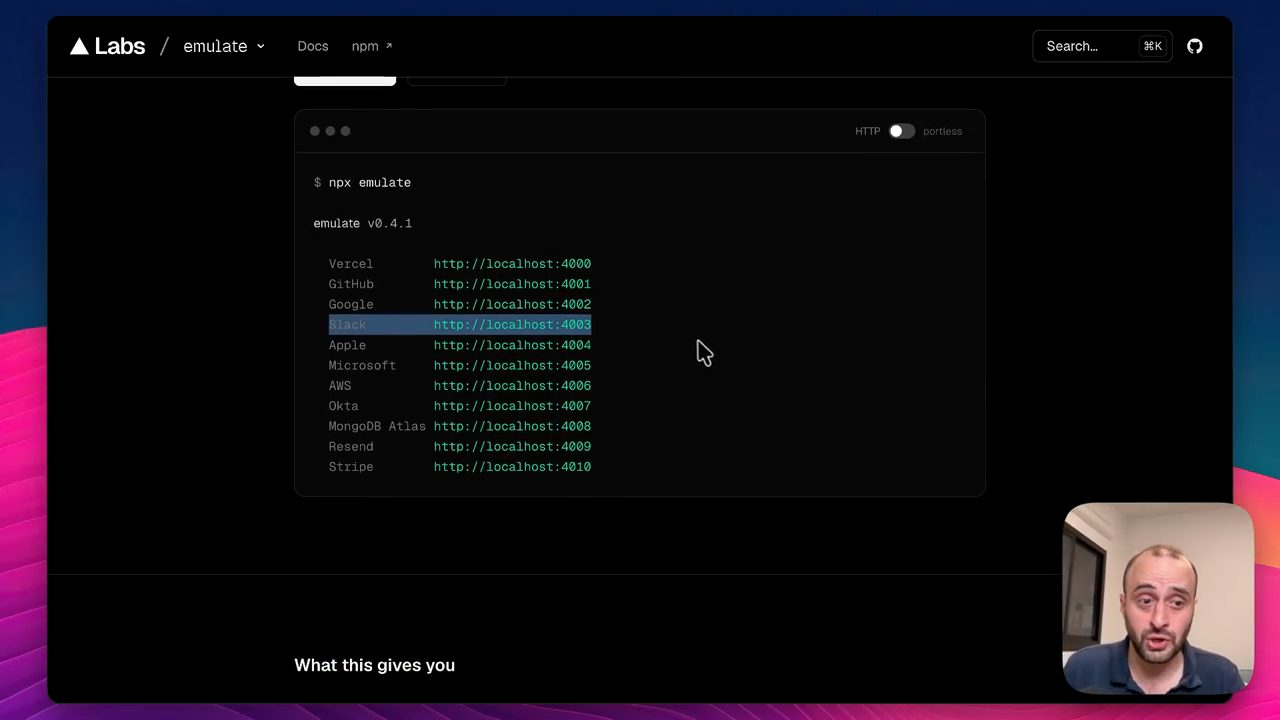 Trang emulate.dev: lệnh npx emulate và danh sách dịch vụ chạy trên localhost