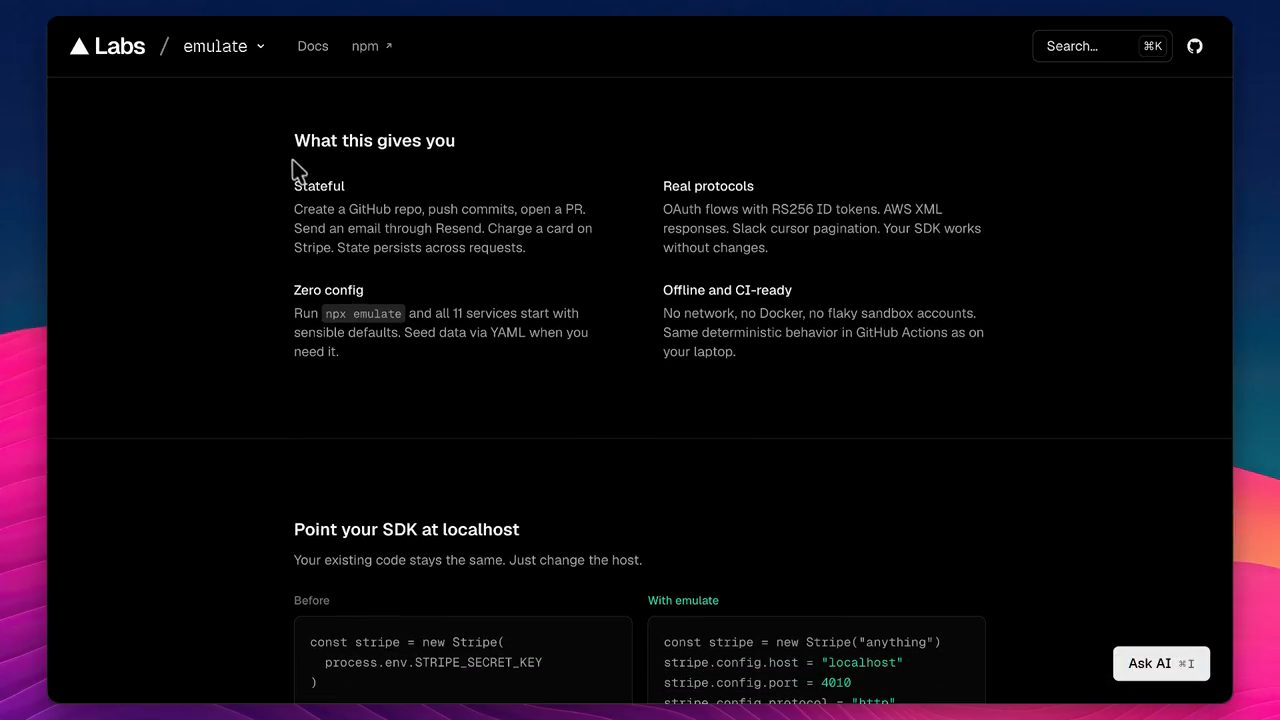 Mục What this gives you trên emulate.dev