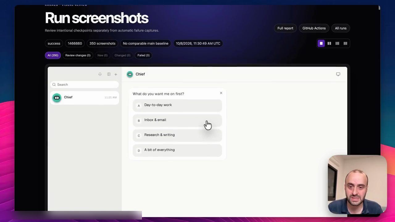 Trang Run screenshots: màn hình bot Chief hỏi What do you want me on first