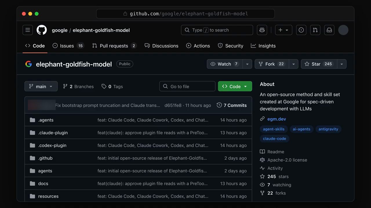 Trang GitHub google/elephant-goldfish-model với các folder .agents, .claude-plugin, .codex-plugin, agents, docs, resources