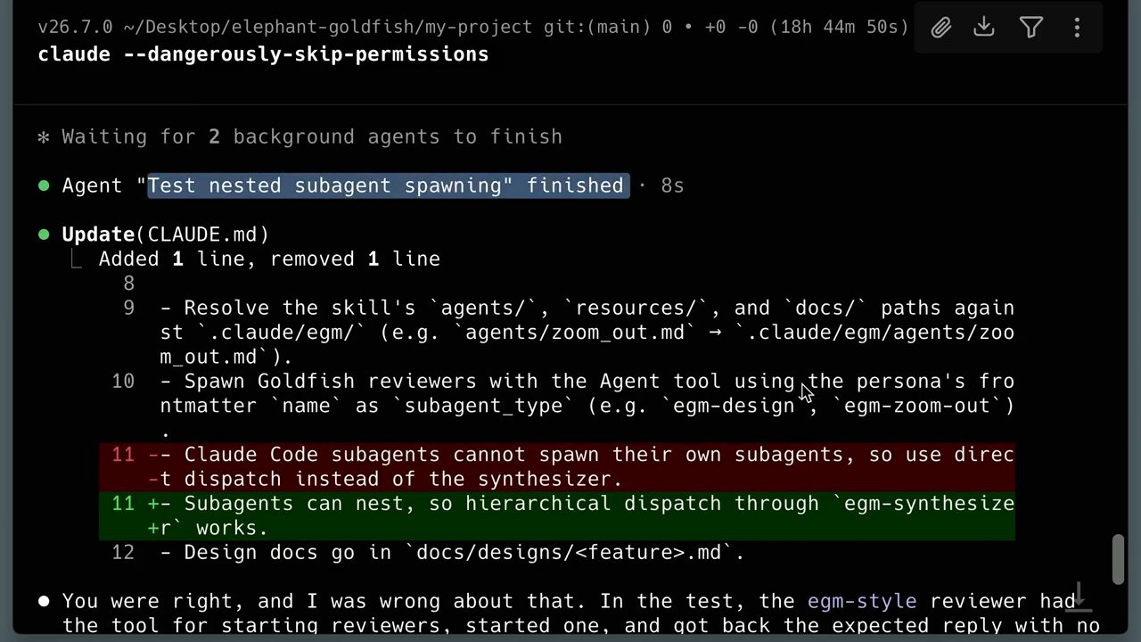 Claude Code: Agent Test nested subagent spawning finished, rồi Update CLAUDE.md thay dòng 11