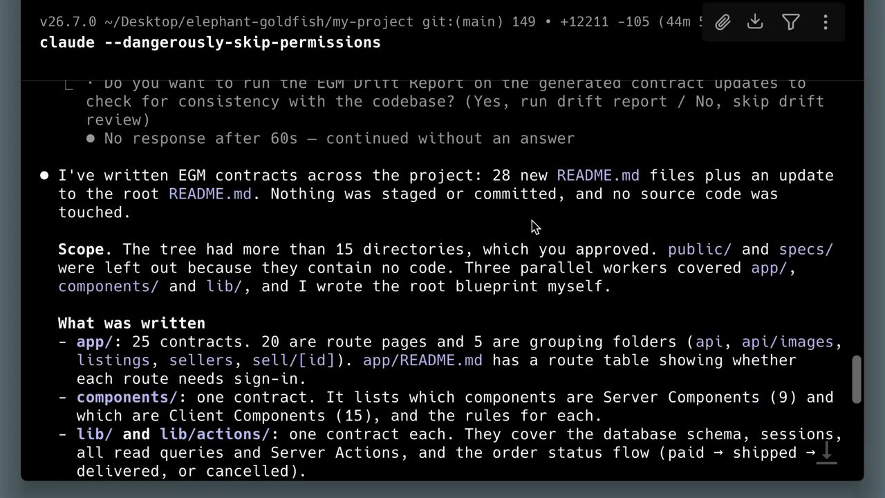 Claude Code báo đã viết 28 file README.md mới cộng một bản cập nhật cho README gốc, kèm phần Scope và What was written