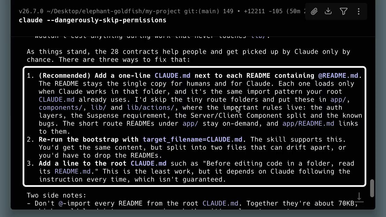 Claude Code đưa ra ba cách sửa: thêm CLAUDE.md một dòng cạnh mỗi README, chạy lại bootstrap với target_filename=CLAUDE.md, hoặc thêm một dòng vào CLAUDE.md gốc