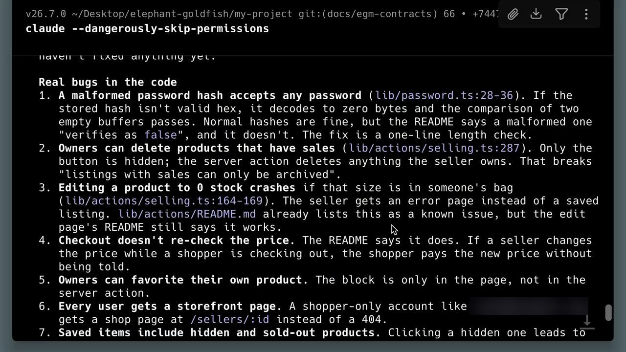 Phần Real bugs in the code của drift report với bảy mục, trong đó mục 2 là Owners can delete products that have sales