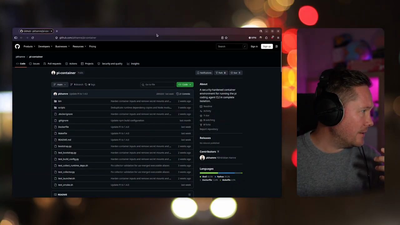 Trang GitHub của repo pkhamre/pi-container với danh sách file và mục About