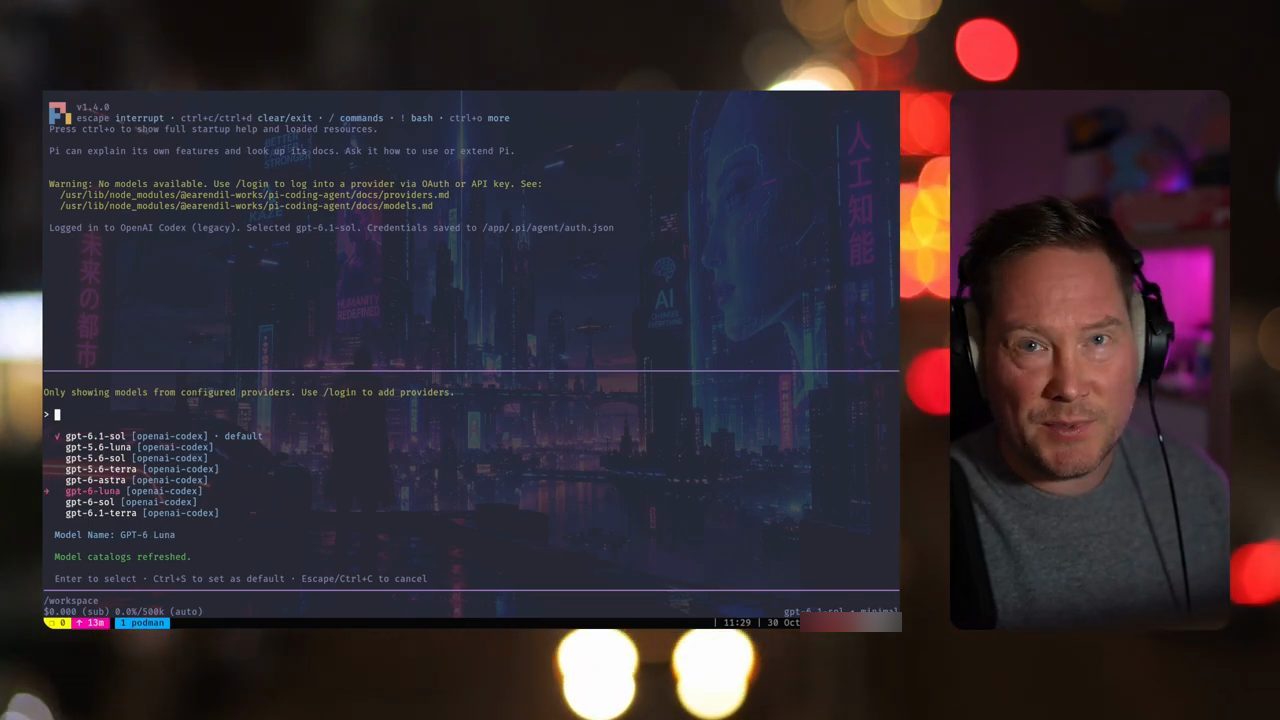 Pi v1.4.0 trong terminal với danh sách model openai-codex: gpt-6.1-sol, gpt-5.6-luna, gpt-5.6-sol, gpt-5.6-terra, gpt-6-astra, gpt-6-luna, gpt-6-sol, gpt-6.1-terra
