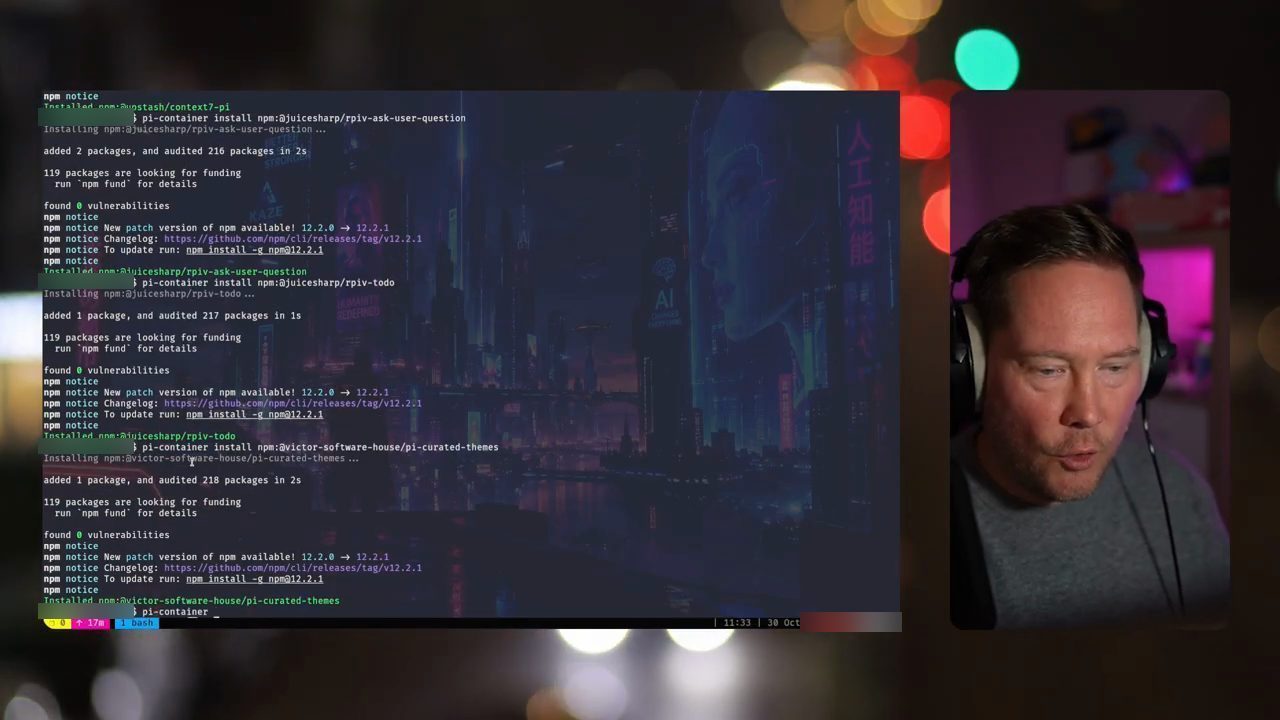 Terminal với các lệnh pi-container install cho context7-pi, rpiv-ask-user-question, rpiv-todo và pi-curated-themes