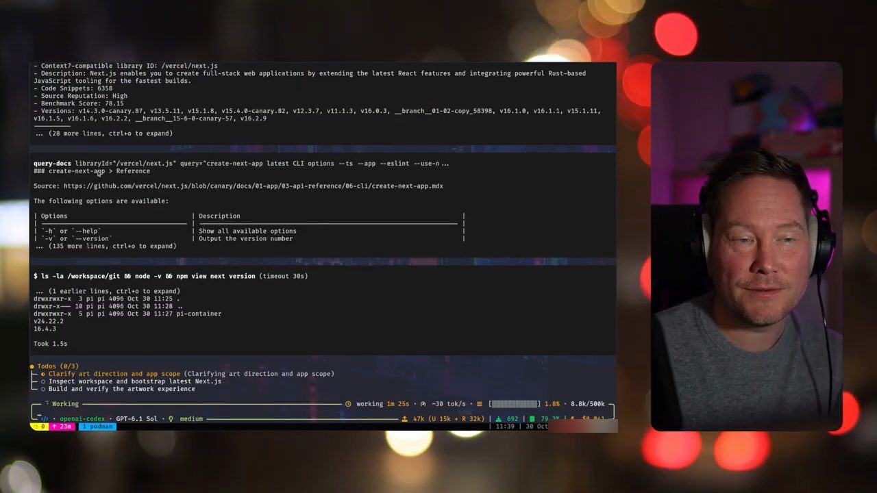 Kết quả Context7 cho thư viện /vercel/next.js, query-docs về create-next-app, và lệnh kiểm tra phiên bản node và next
