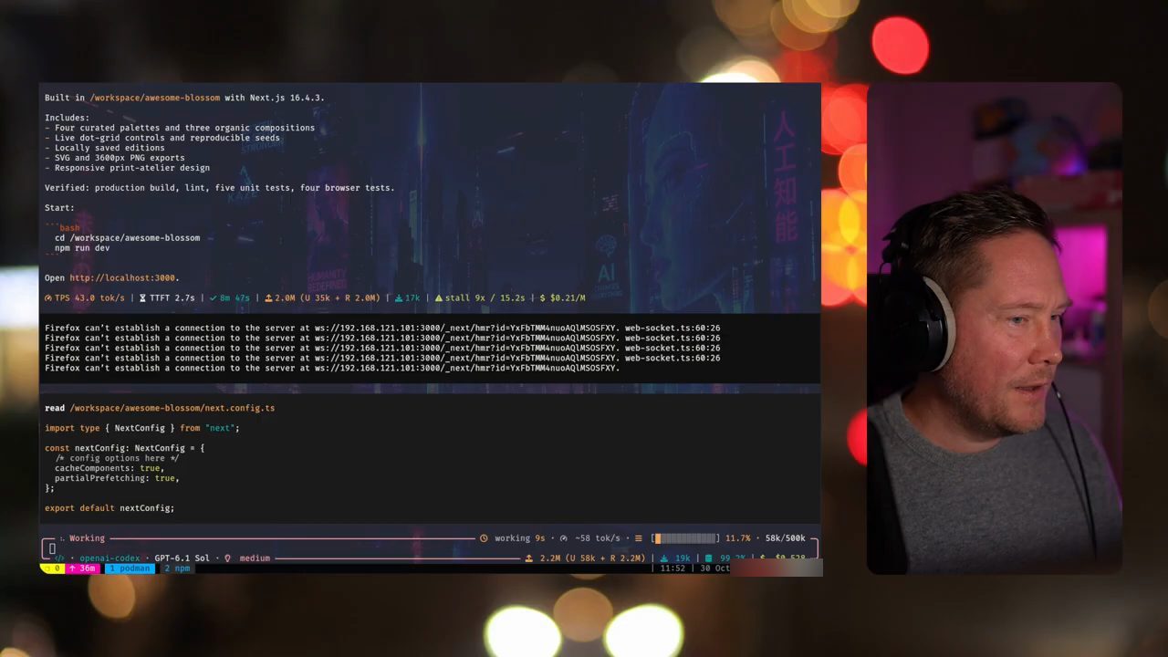 Tổng kết build của Pi, bên dưới là các dòng lỗi Firefox can't establish a connection to the server at ws://..., và Pi đọc file next.config.ts