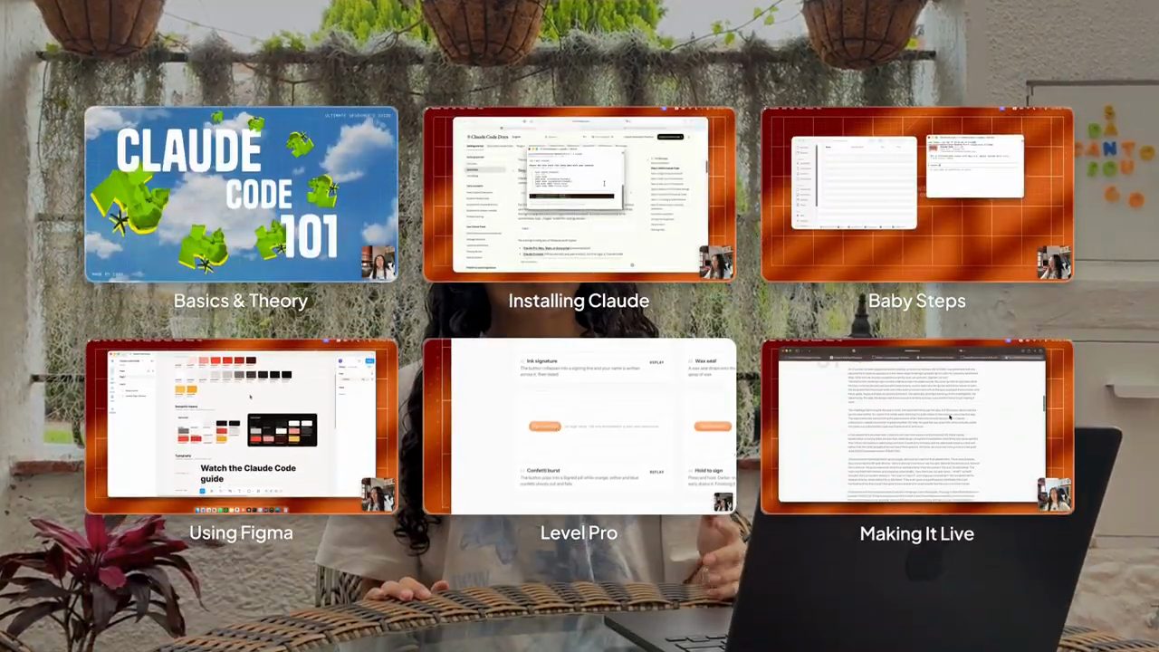 Sáu ô xem trước các phần của video: Basics & Theory, Installing Claude, Baby Steps, Using Figma, Level Pro, Making It Live