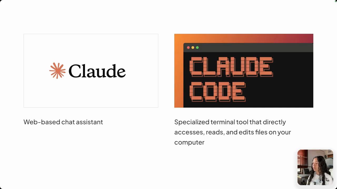Slide so sánh Claude (Web-based chat assistant) và Claude Code (Specialized terminal tool)