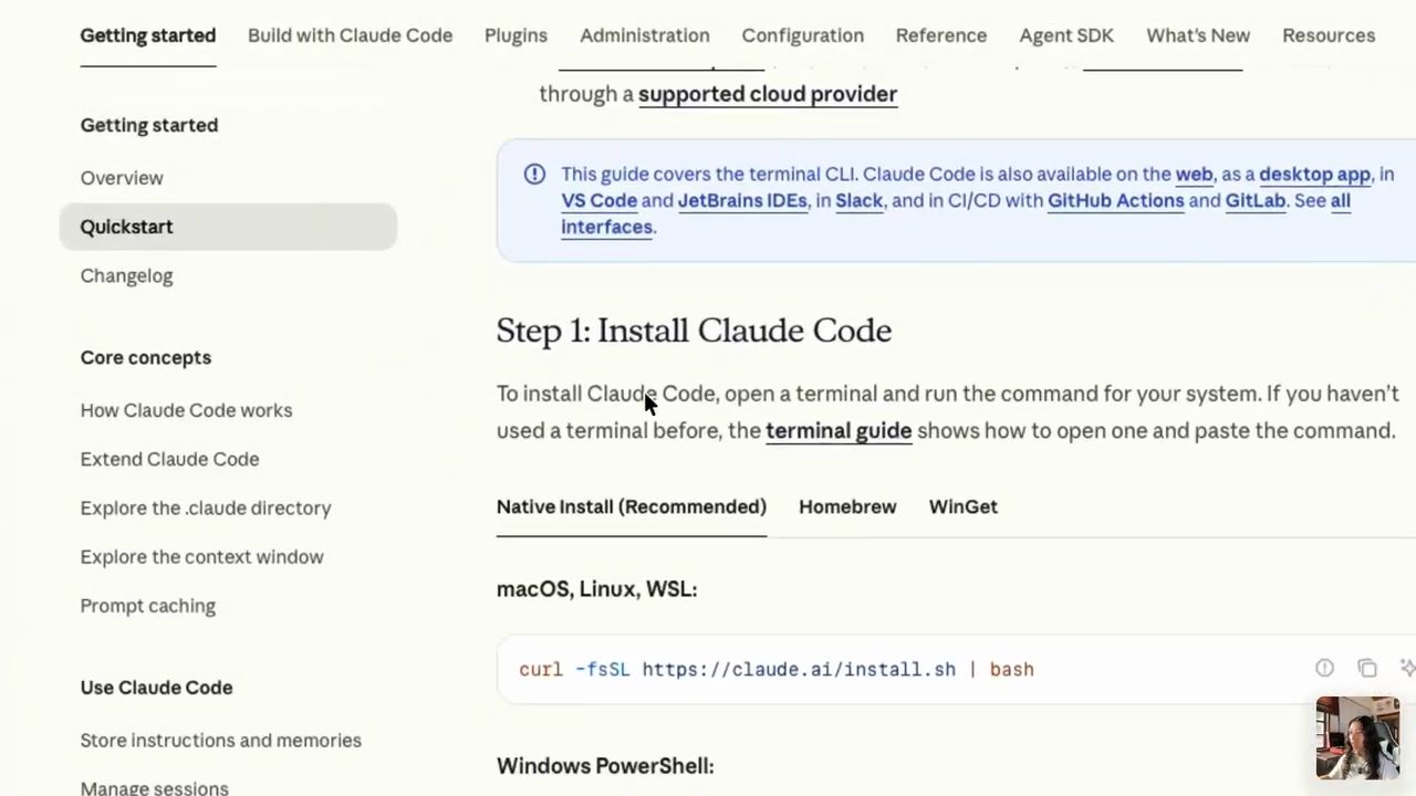 Trang Quickstart của Claude Code Docs, mục Step 1: Install Claude Code với lệnh cho macOS, Linux, WSL