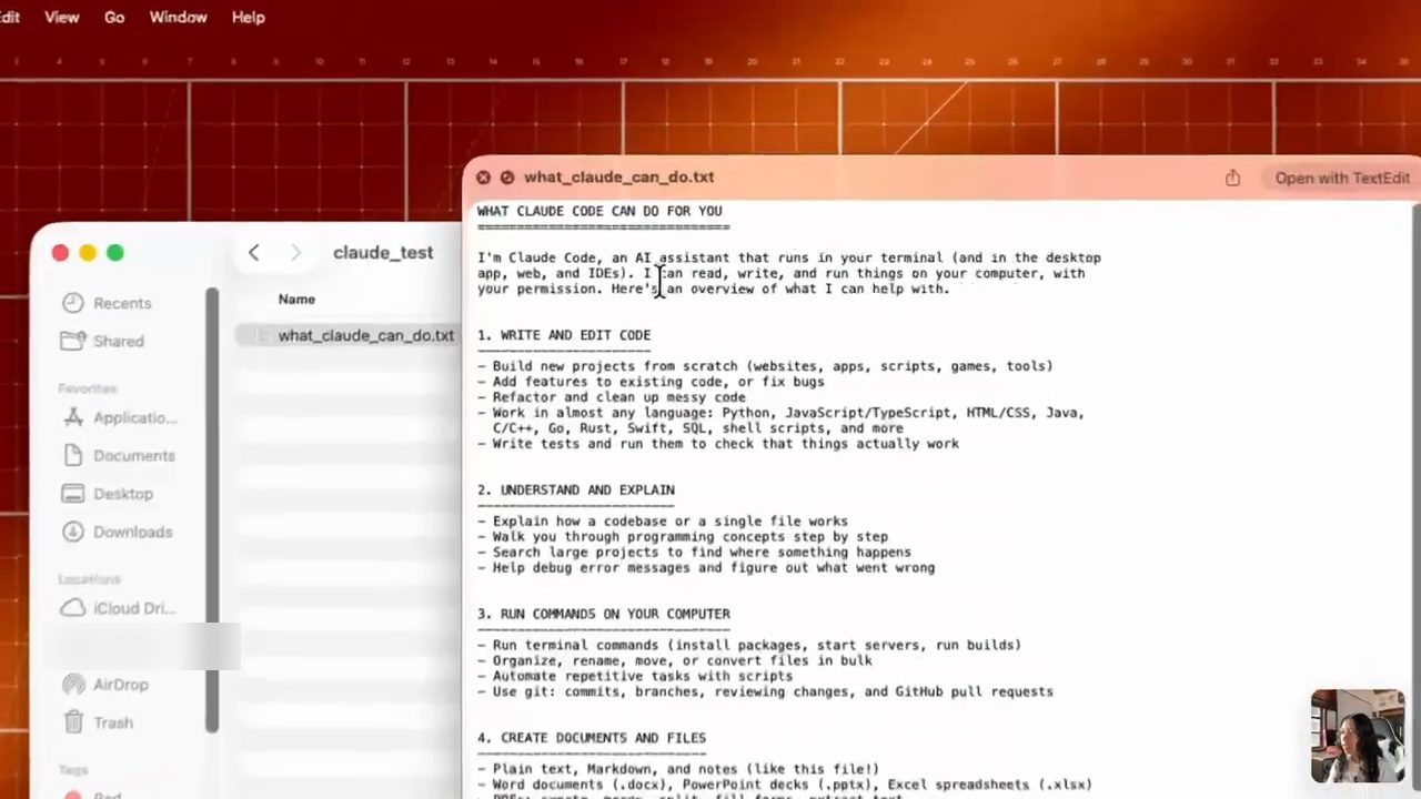File what_claude_can_do.txt mở trong Quick Look, liệt kê các mục Write and edit code, Understand and explain, Run commands on your computer