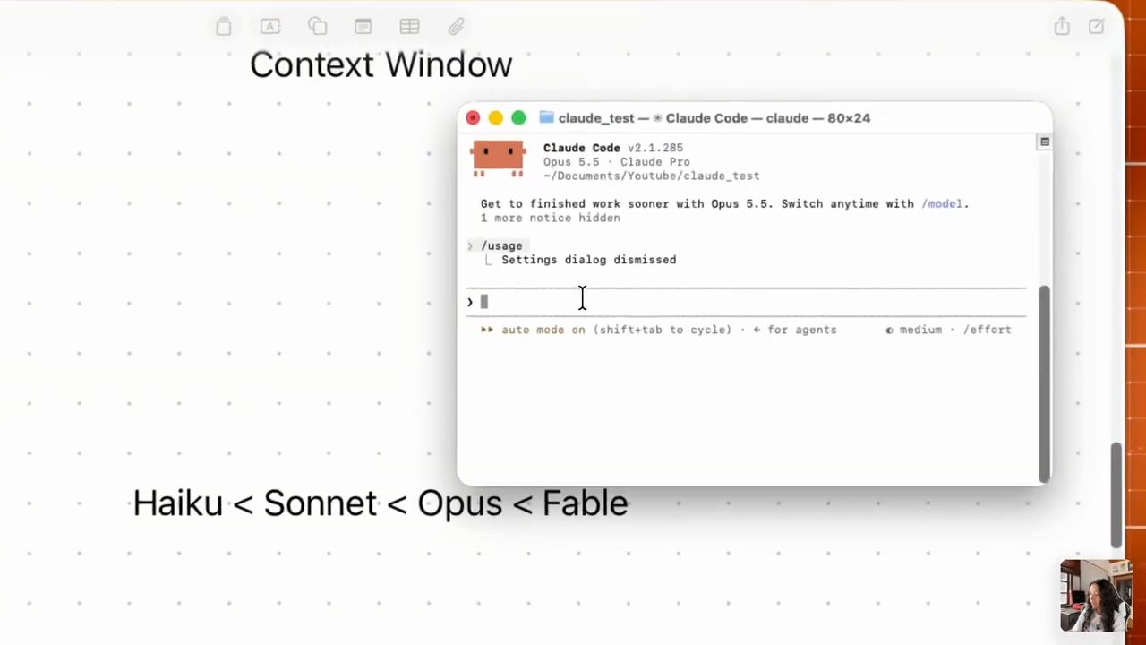 Cửa sổ Claude Code ghi Opus 5.5 · Claude Pro, bên dưới là dòng chữ Haiku < Sonnet < Opus < Fable