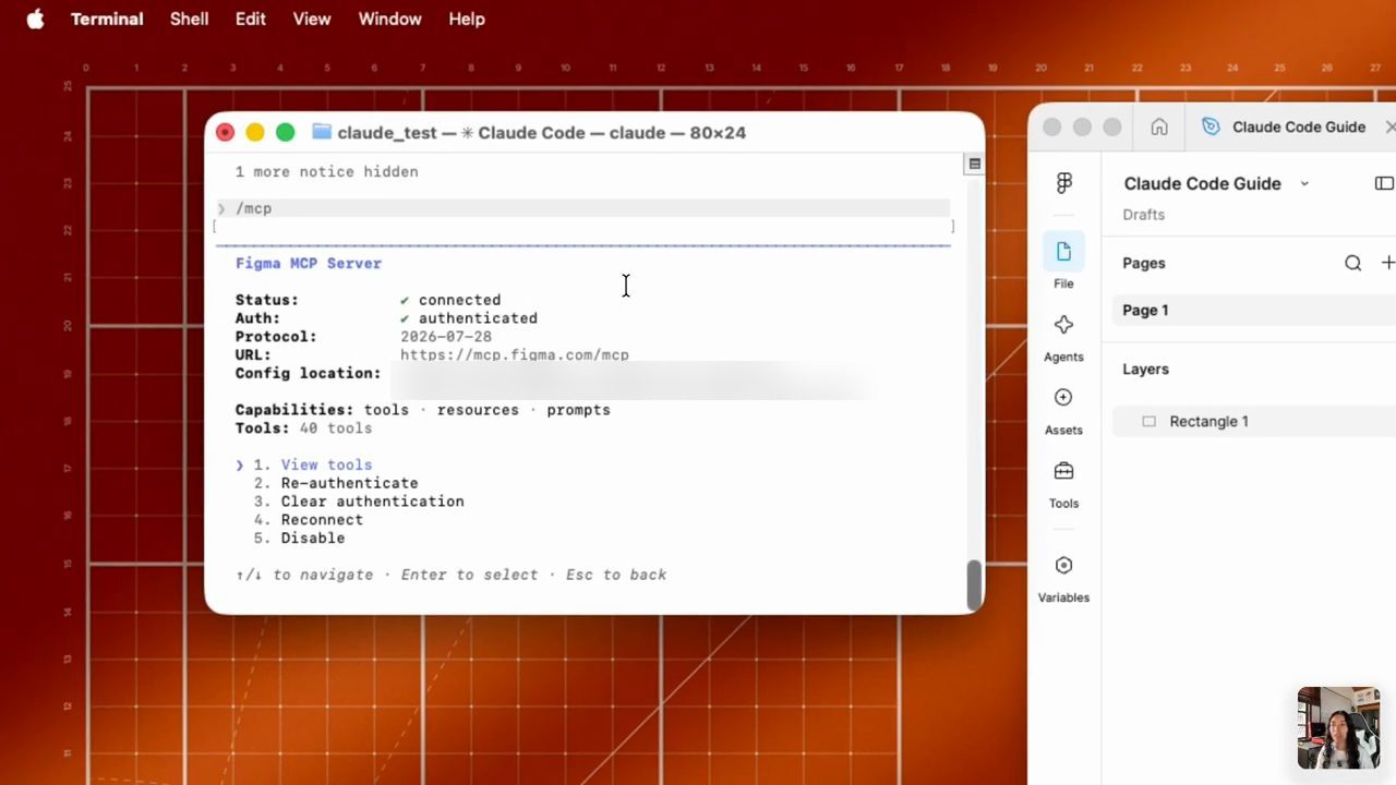Lệnh /mcp trong Claude Code hiển thị Figma MCP Server: Status connected, Auth authenticated, Tools 40 tools; bên phải là file Figma Claude Code Guide với Rectangle 1