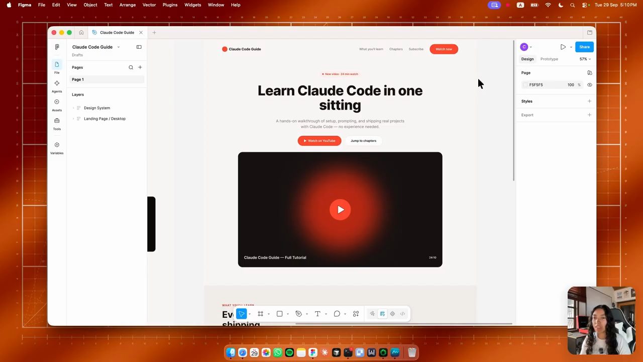 Landing page Learn Claude Code in one sitting do Claude tạo trong Figma, với nút Watch on YouTube và khung video