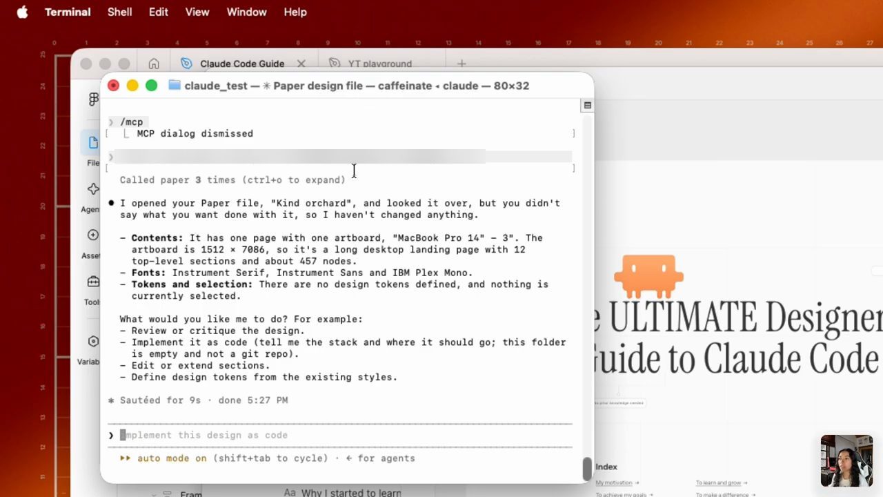 Claude Code mô tả file Paper Kind orchard: một artboard MacBook Pro 14 – 3, 1512 × 7086, 12 section, khoảng 457 node, các font Instrument Serif, Instrument Sans và IBM Plex Mono