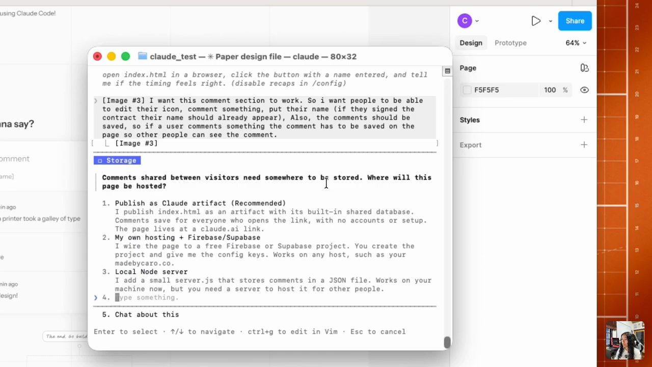 Claude Code hỏi Storage: Comments shared between visitors need somewhere to be stored. Where will this page be hosted? với ba lựa chọn